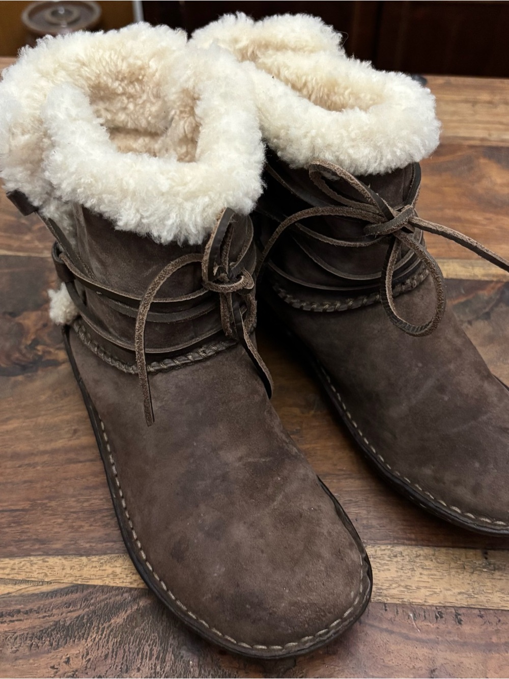 UGG Brown Suede Shearling-Lined Lace Ankle Booties
